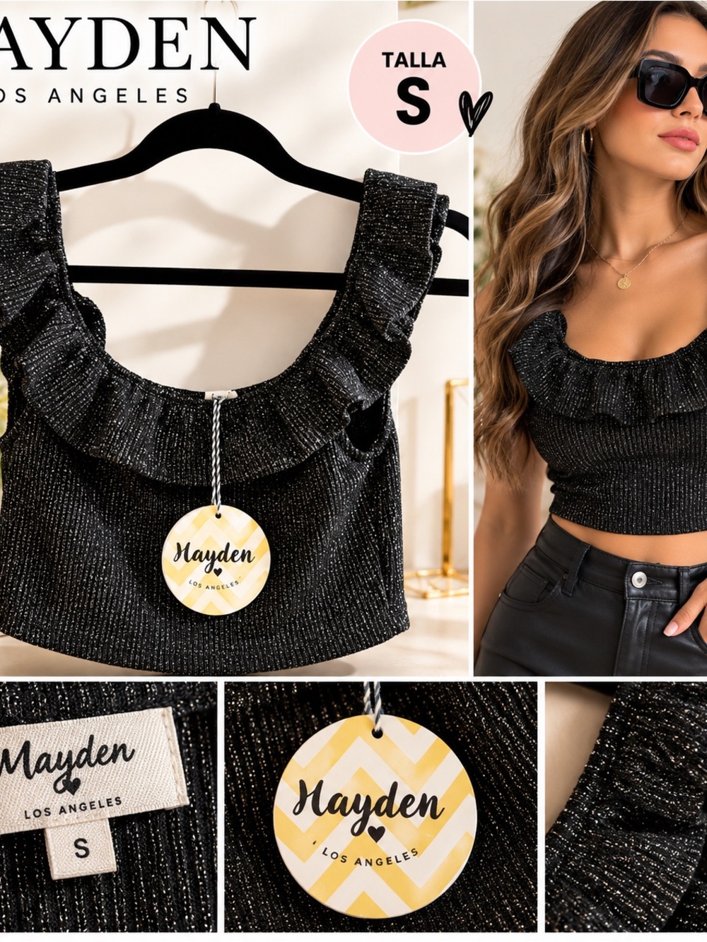 Hayden Black Shimmer Ruffle Crop Top